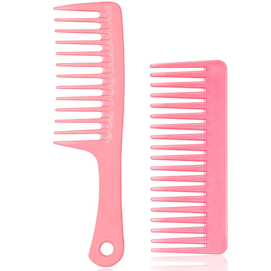 2PCS Wide Tooth Comb for Curly - Large Hair Detangling CombStyling Comb for Wet Dry HairHair Care Comb for Women MenShampoo Shower Comb (Pink)